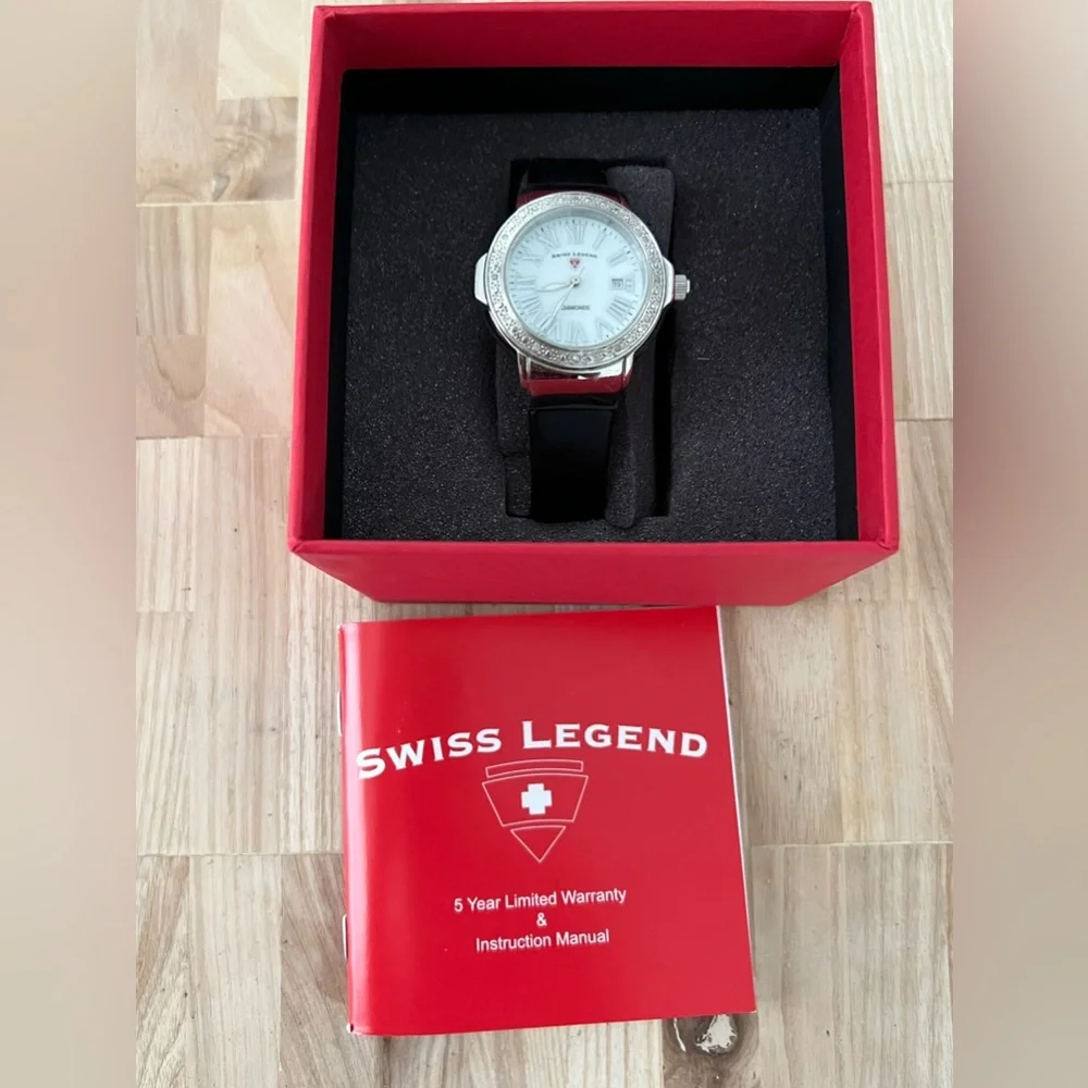Swiss Legend Diamonds Ladies Watch Pearl Dial Date Window Poly Strap IOB